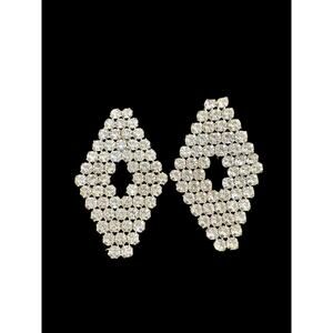 Vintage Clear Rhinestone Diamond Shape Clip Earrings Silver Tone Jewelry